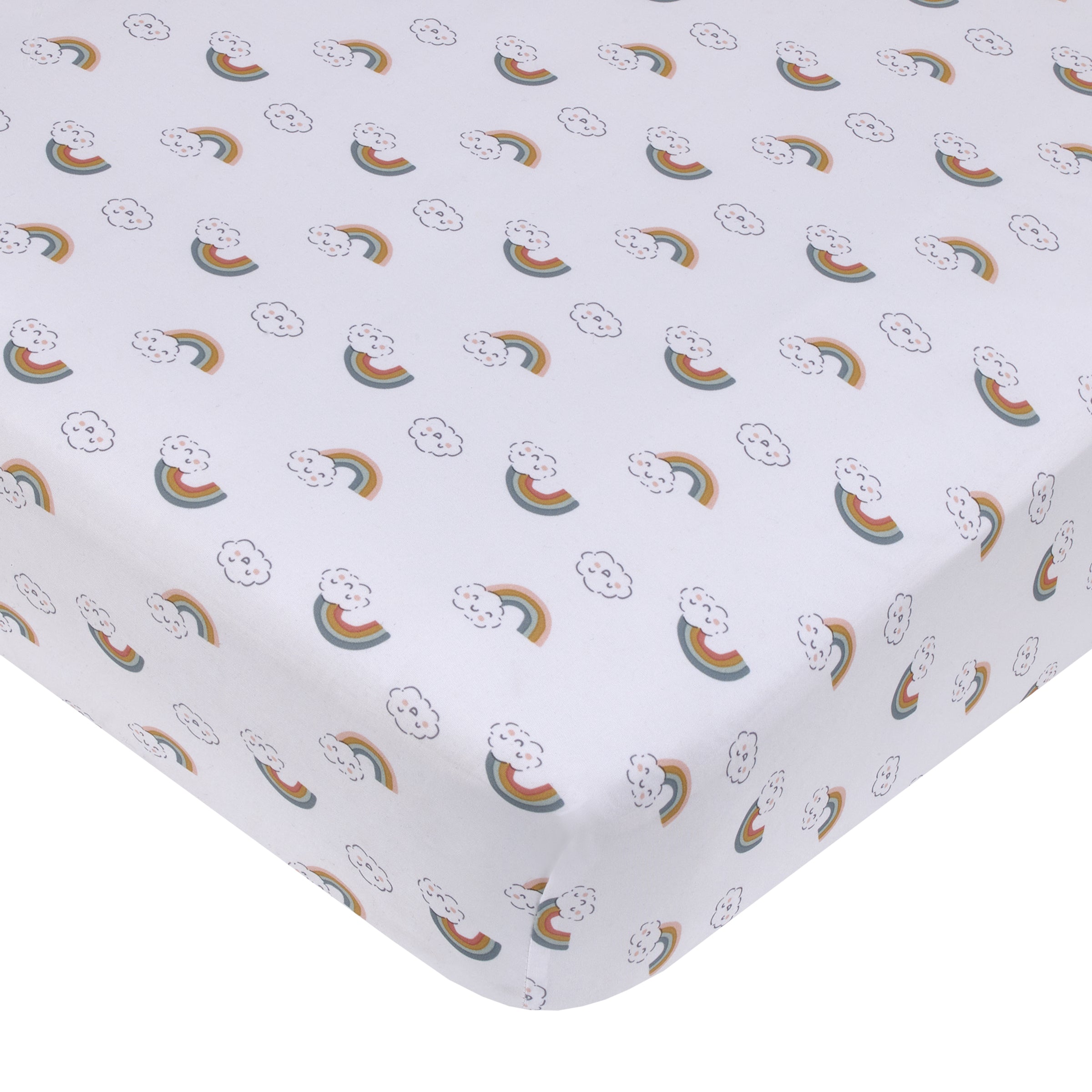 Chasing Rainbows - White, Peach, Teal, and Gold Clouds and Rainbows Super Soft Fitted Crib Sheet
