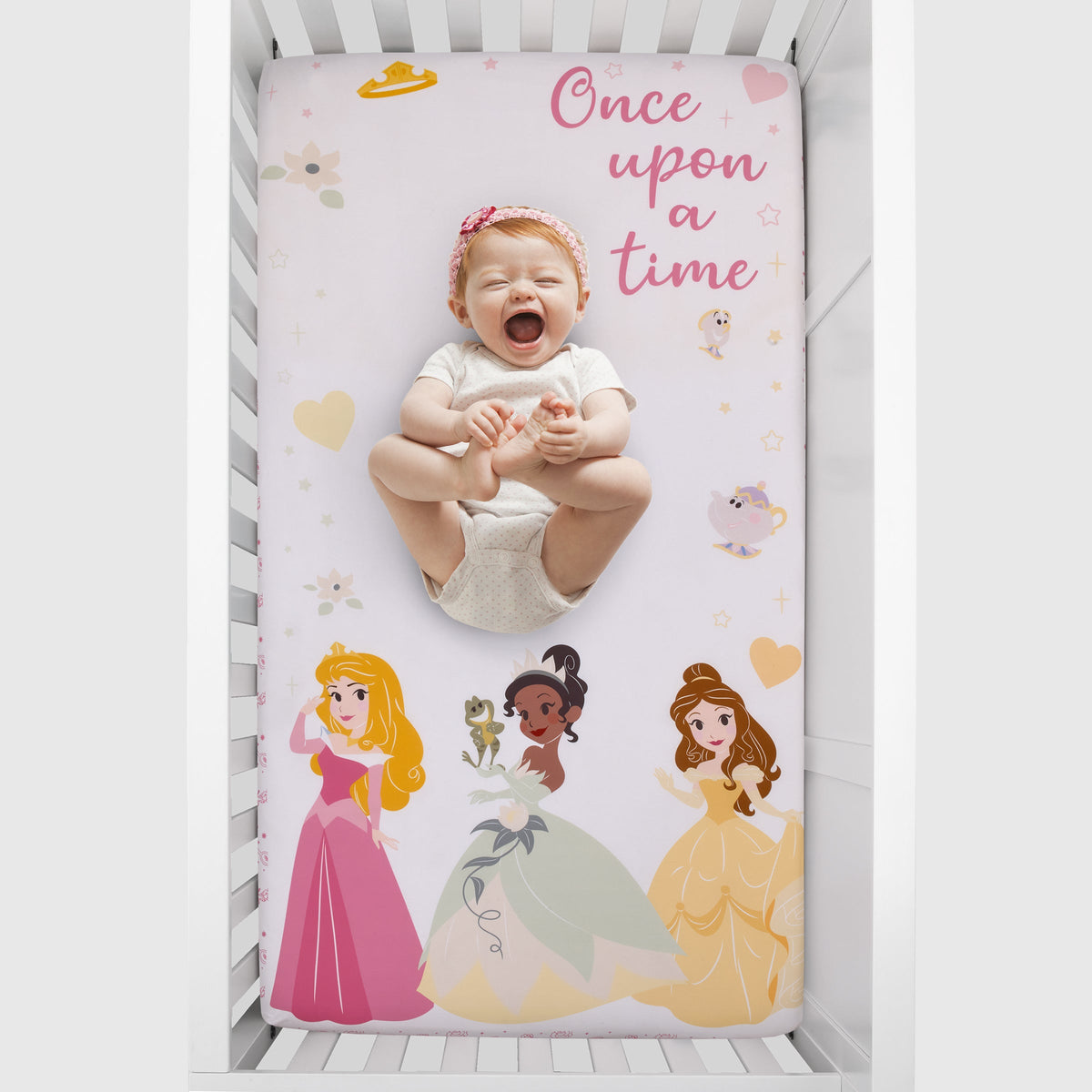 Princess Make A Wish Pink, White and Yellow "Once Upon a Time" Nursery Photo Op Fitted Crib Sheet