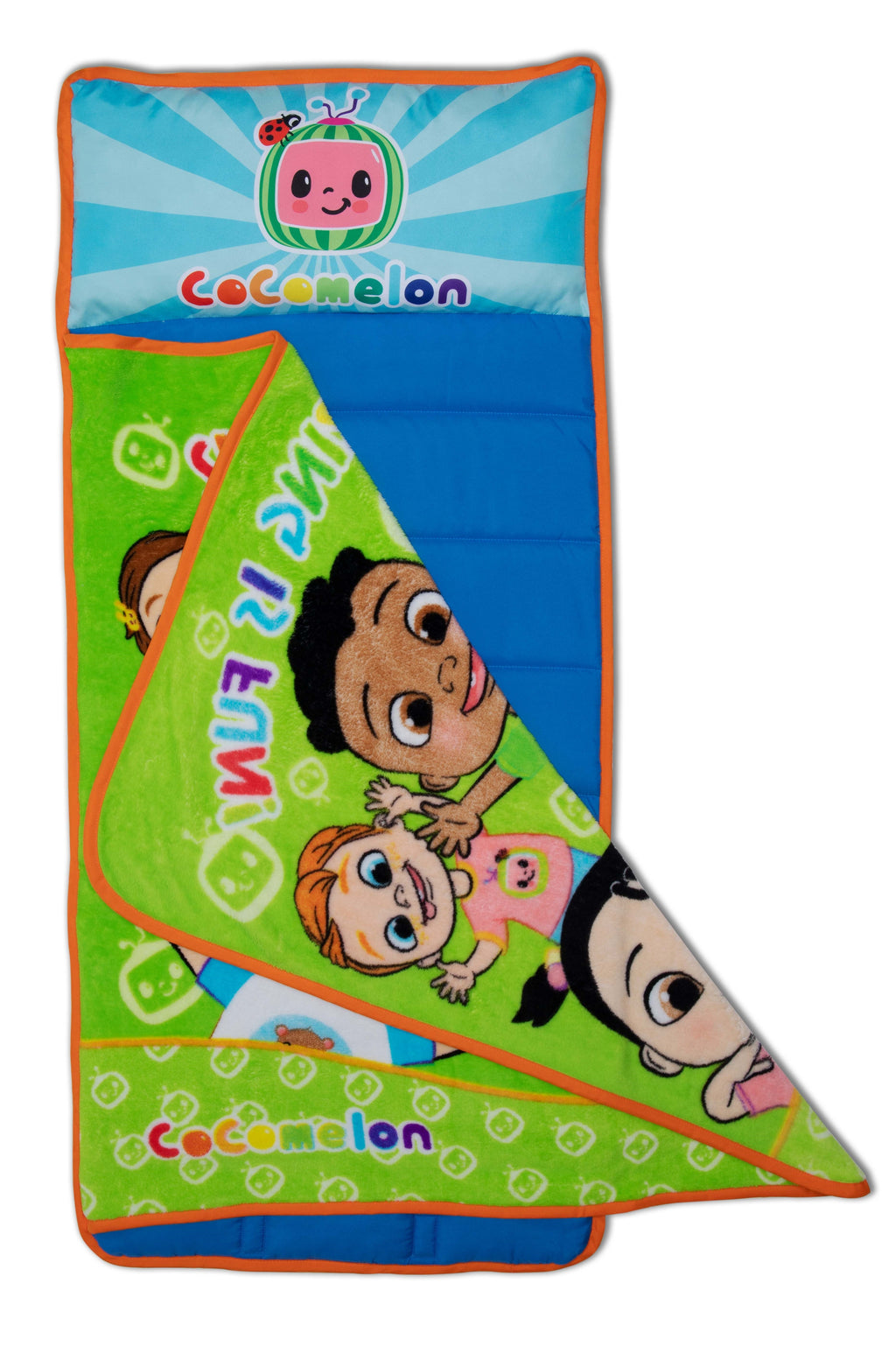 NoJo CoComelon Plush Toddler Nap Mat - Includes Attached Pillow and Fleece Blanket, Green, and Blue