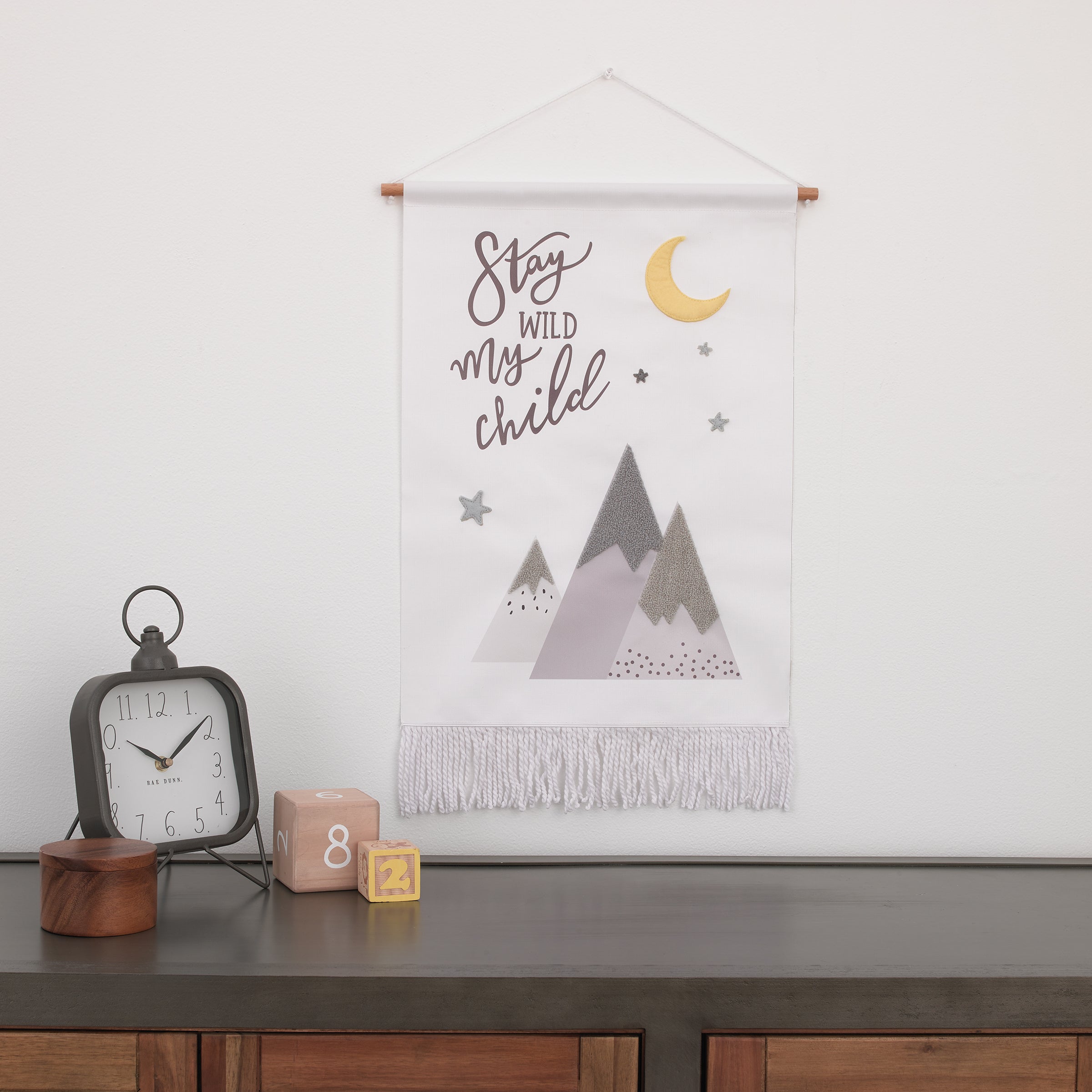 Stay Wild My Child White, Gray and Yellow Mountains, and Crescent Moon Wall DÃ©cor Banner