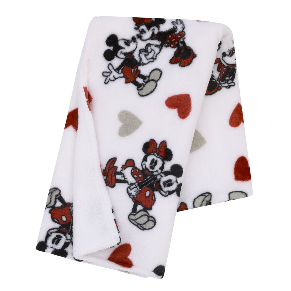 Mickey Mouse & Minnie Mouse Red, Gray, and White Valentine Hearts Super Soft Sherpa Baby Blanket