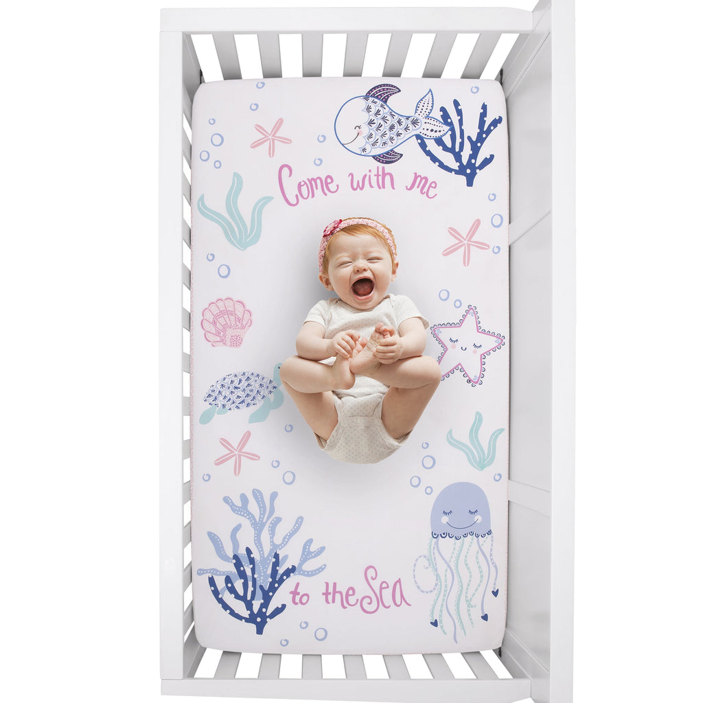 Mermaid Lagoon Pink, Blue, and White "Come with me to the Sea" 100% Cotton Photo Op Fitted Crib Sheet