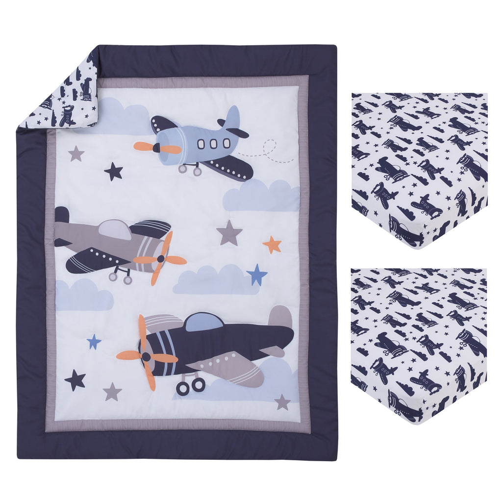 Soar High Little One Navy, Light Blue, Orange, and White Airplanes, Clouds, and Stars 3 Piece Nursery Mini Crib Bedding Set - Comforter, and Two Fitted Mini Crib Sheets