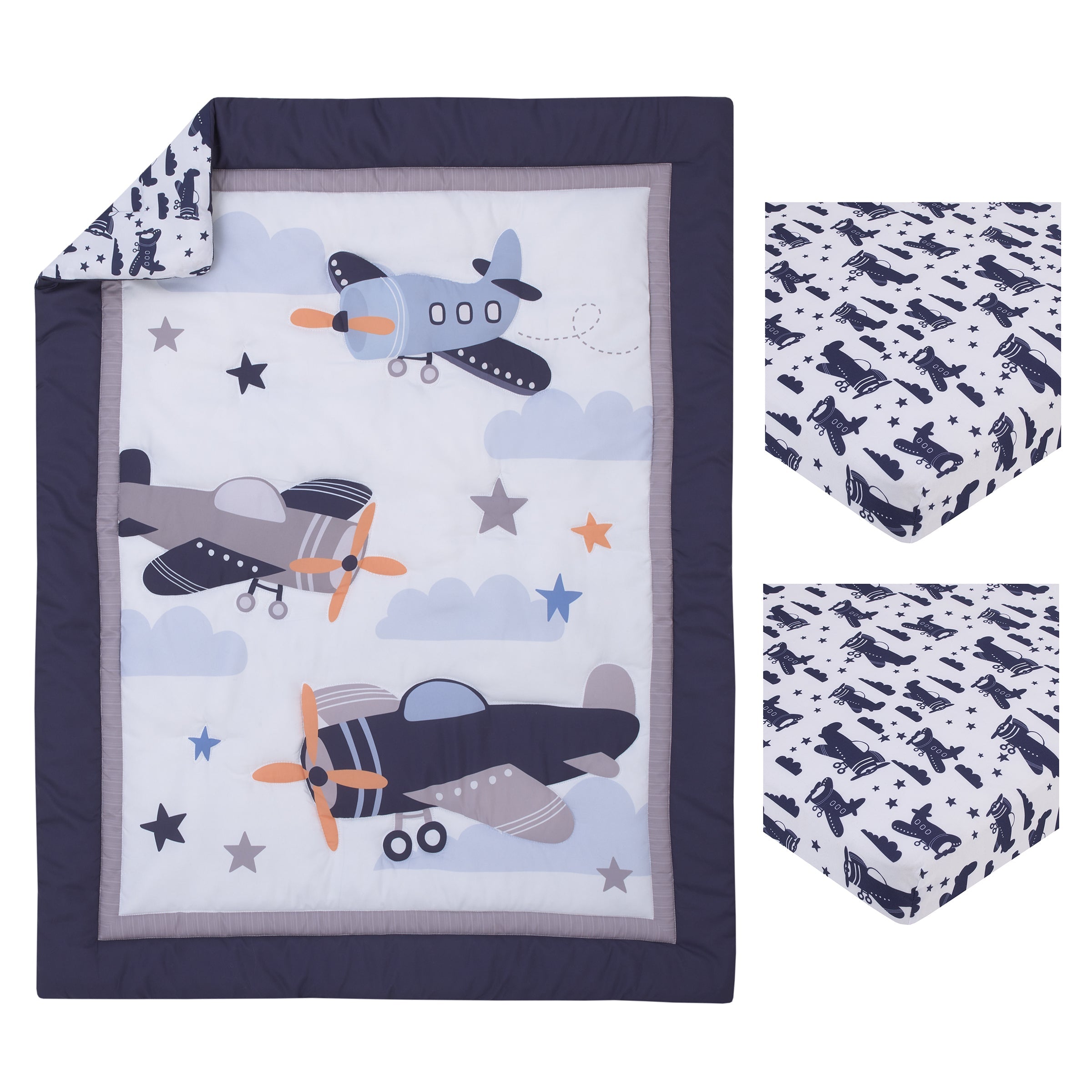 Soar High Little One Navy, Light Blue, Orange, and White Airplanes, Clouds, and Stars 3 Piece Nursery Mini Crib Bedding Set - Comforter, and Two Fitted Mini Crib Sheets