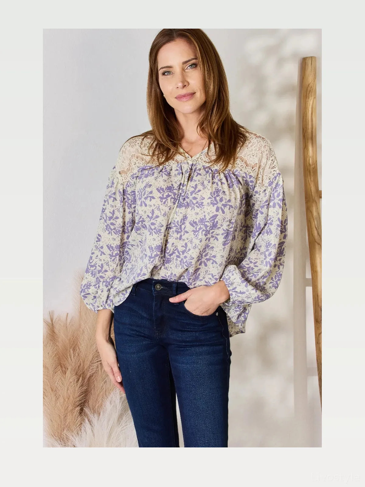 Lace-Detailed Printed Blouse