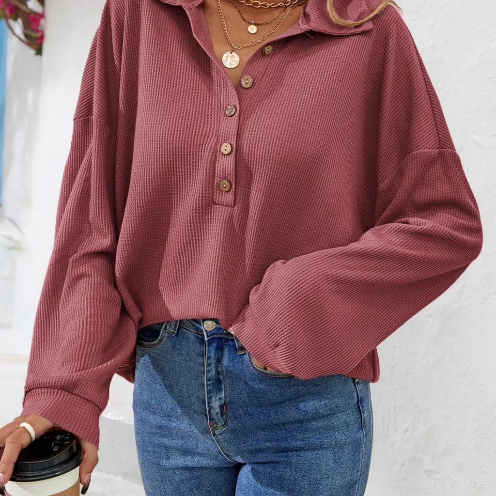 Half-Button Collared Long Sleeve Top