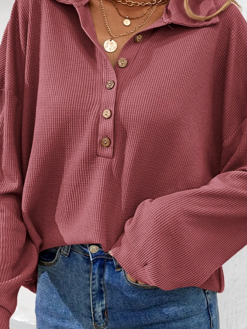 Half-Button Collared Long Sleeve Top