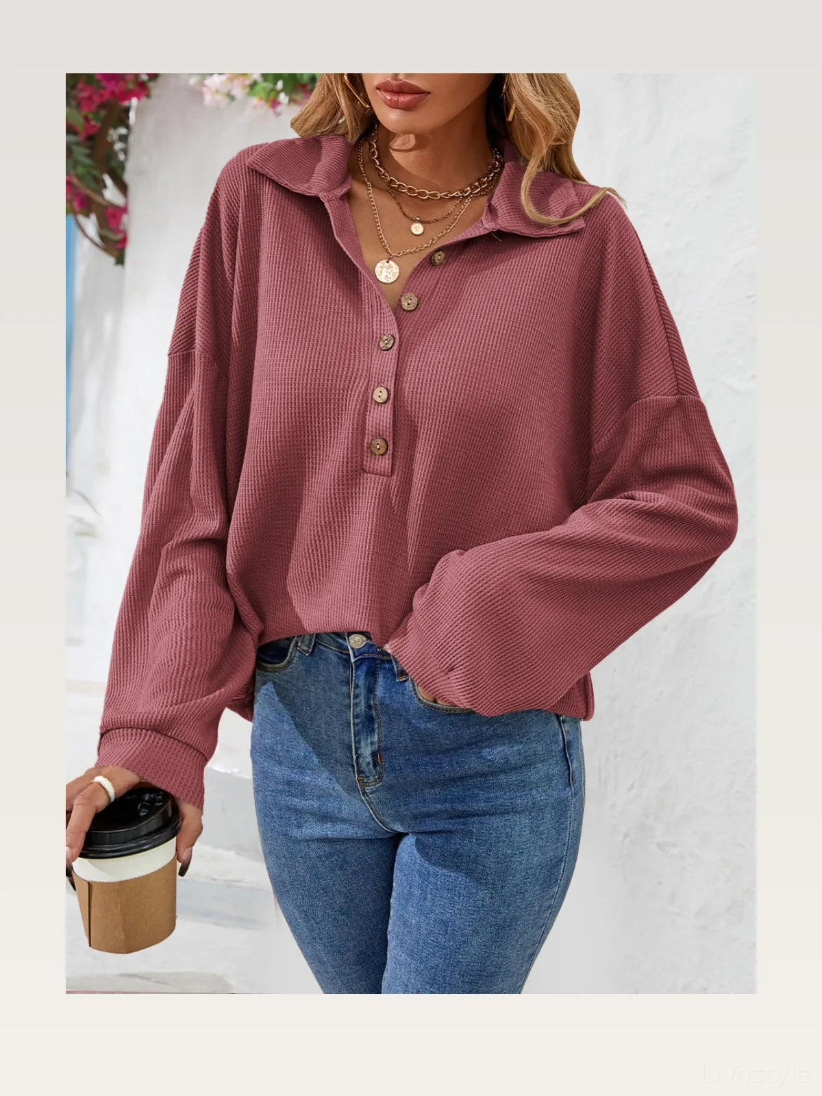 Half-Button Collared Long Sleeve Top
