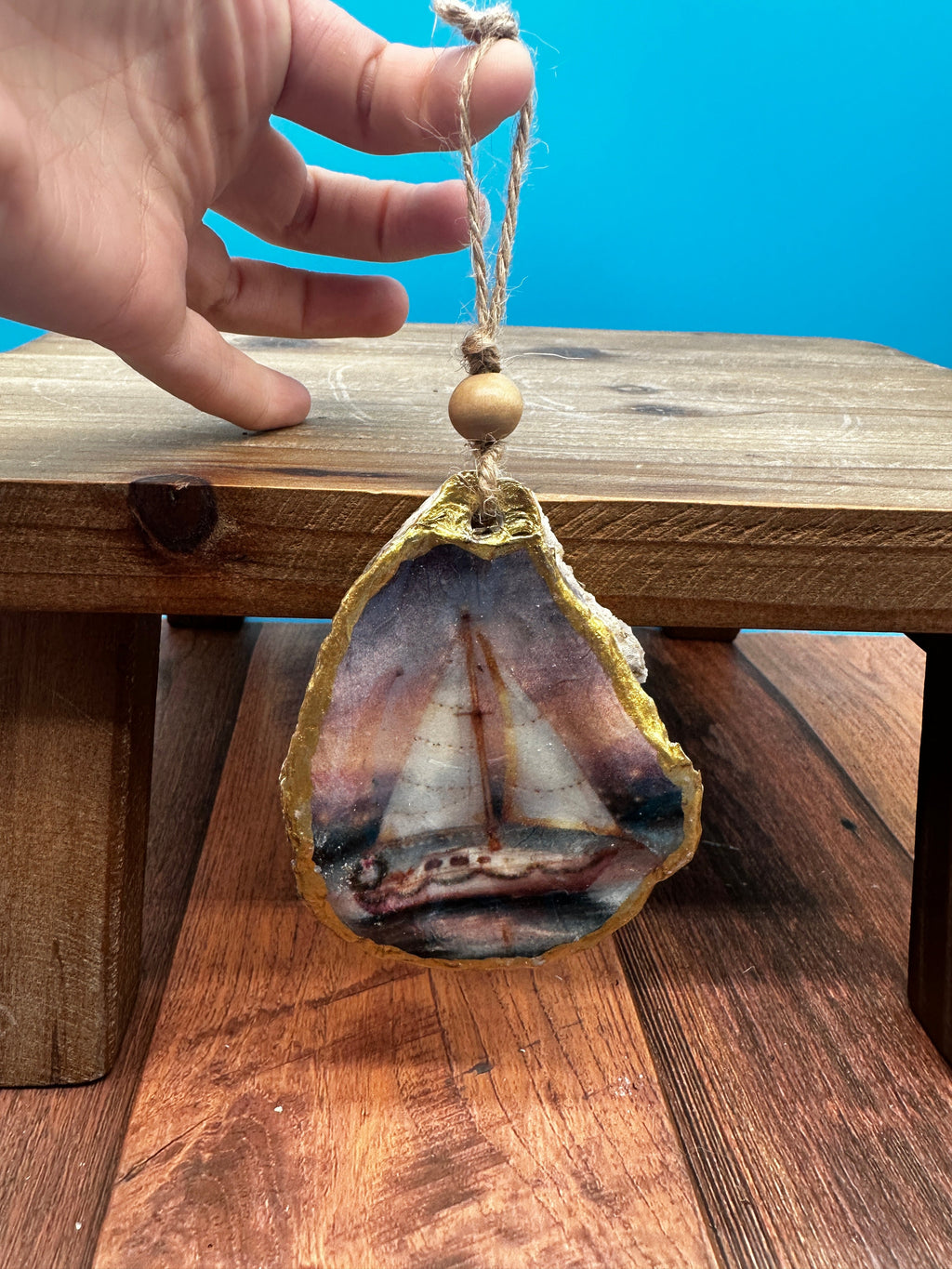 Decoupaged Oyster Ornament on Twine
