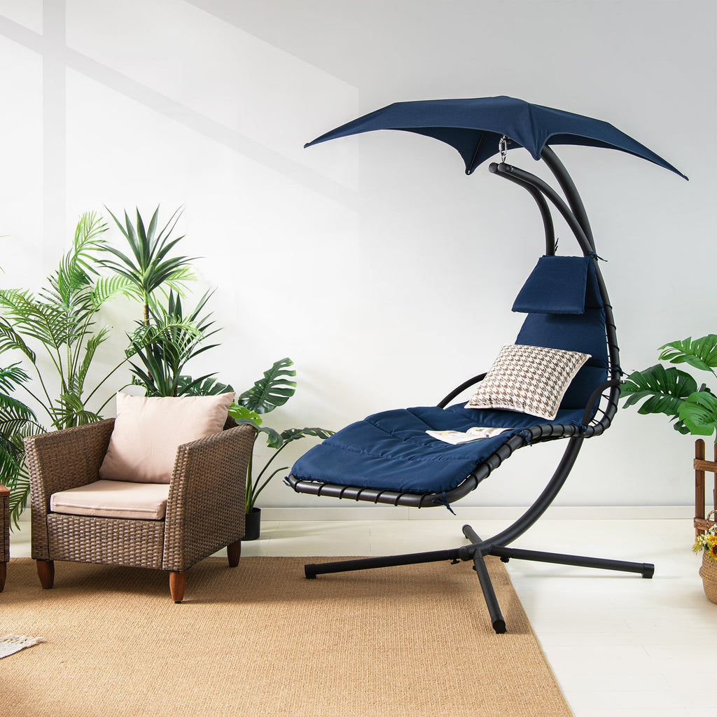 Hanging Curved Steel Swing Chaise Lounger with Removable Canopy