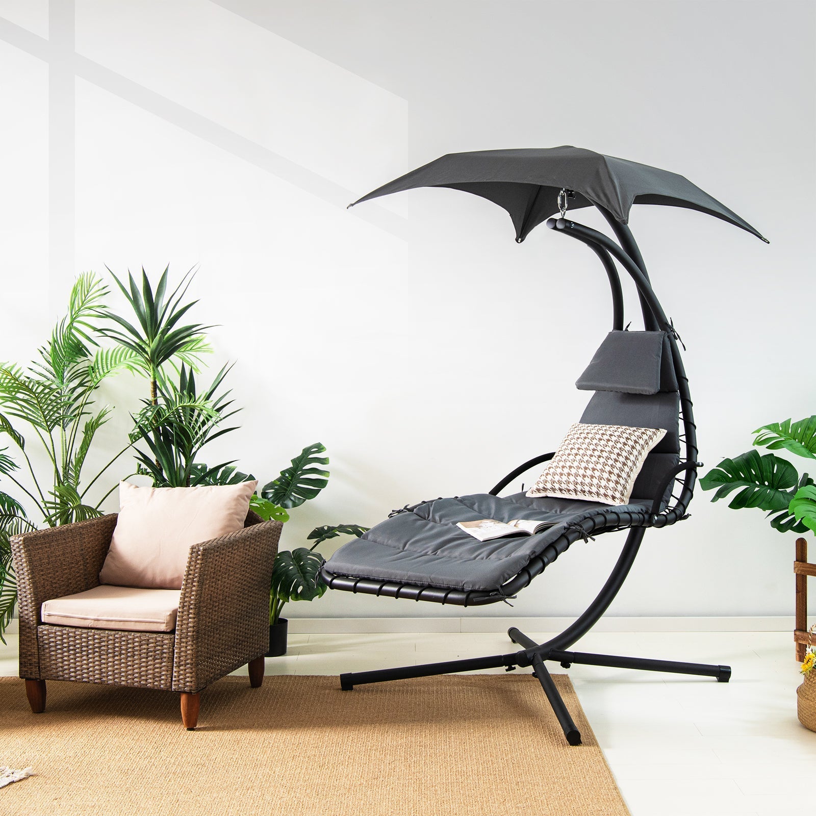 Hanging Curved Steel Swing Chaise Lounger with Removable Canopy