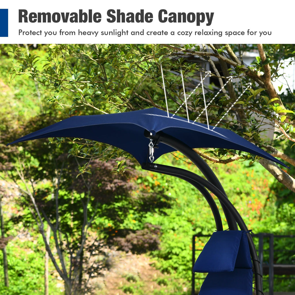 Hanging Curved Steel Swing Chaise Lounger with Removable Canopy