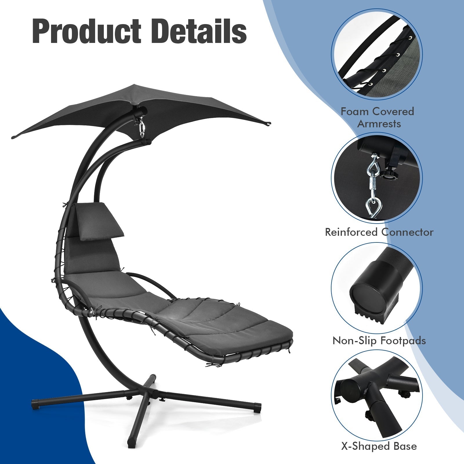 Hanging Curved Steel Swing Chaise Lounger with Removable Canopy
