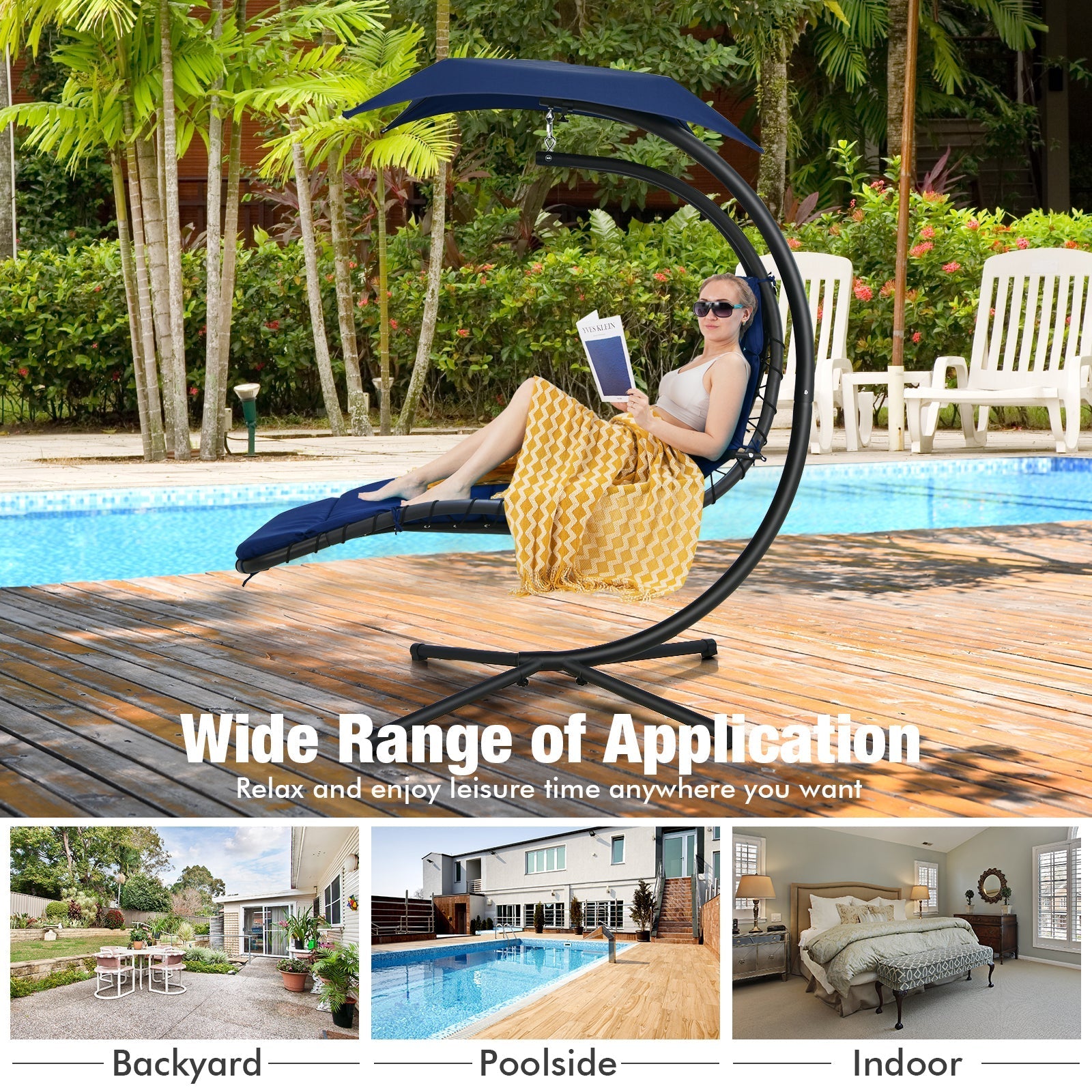 Hanging Curved Steel Swing Chaise Lounger with Removable Canopy