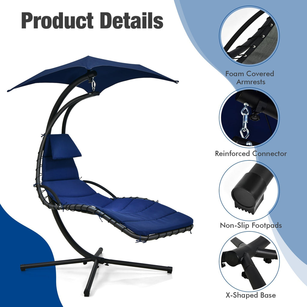 Hanging Curved Steel Swing Chaise Lounger with Removable Canopy