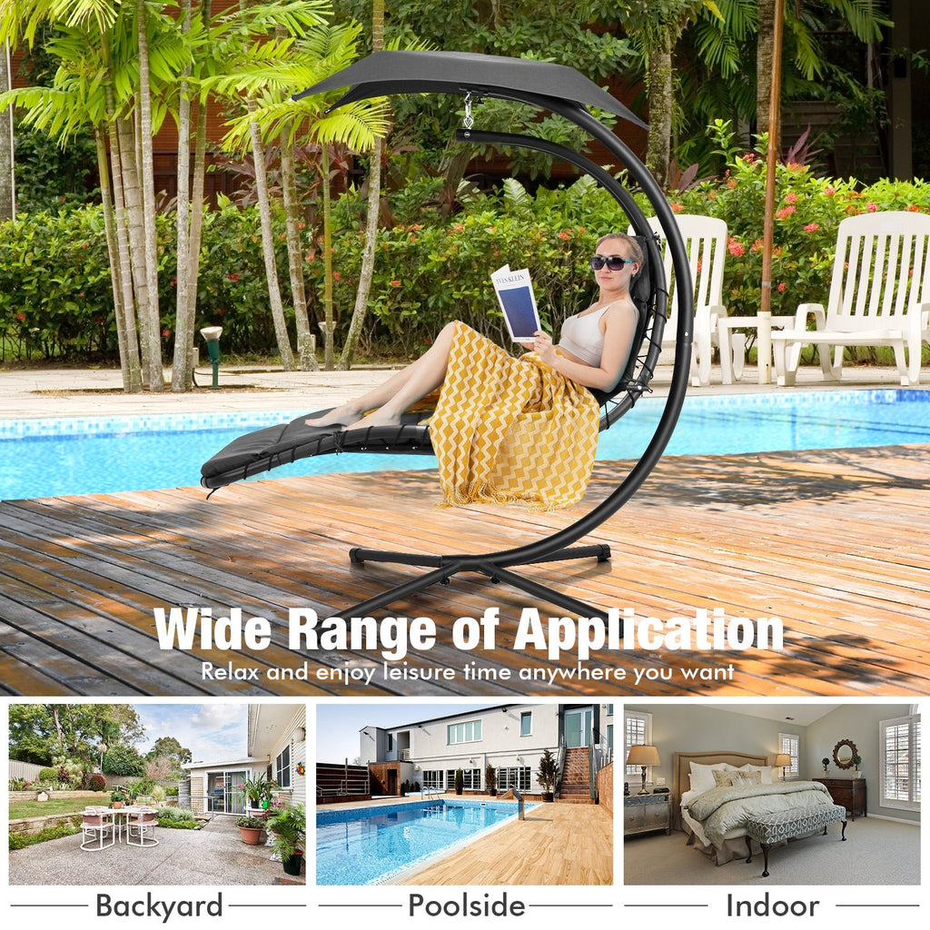 Hanging Curved Steel Swing Chaise Lounger with Removable Canopy