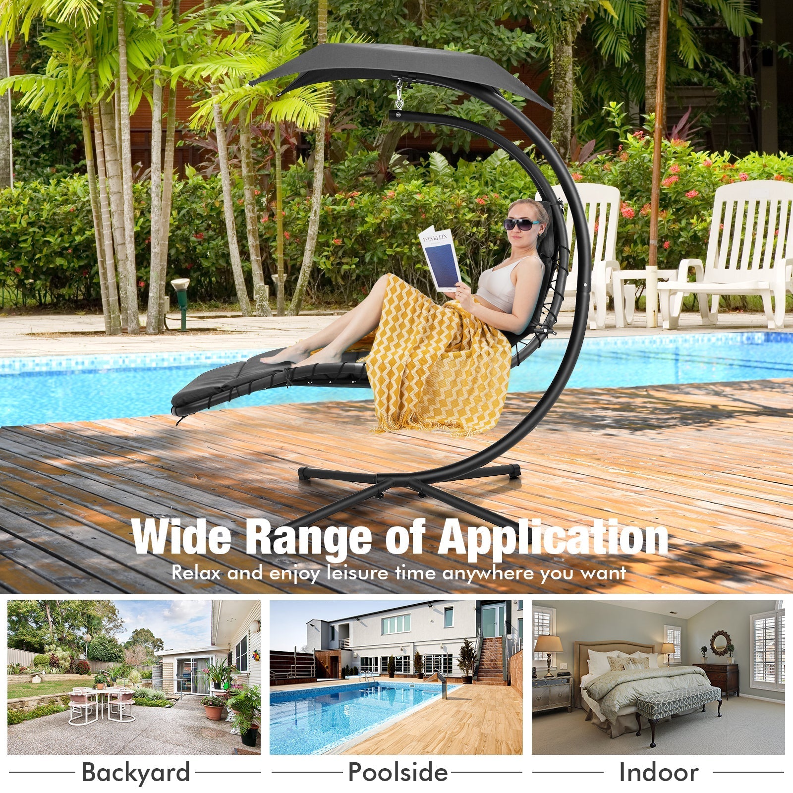 Hanging Curved Steel Swing Chaise Lounger with Removable Canopy