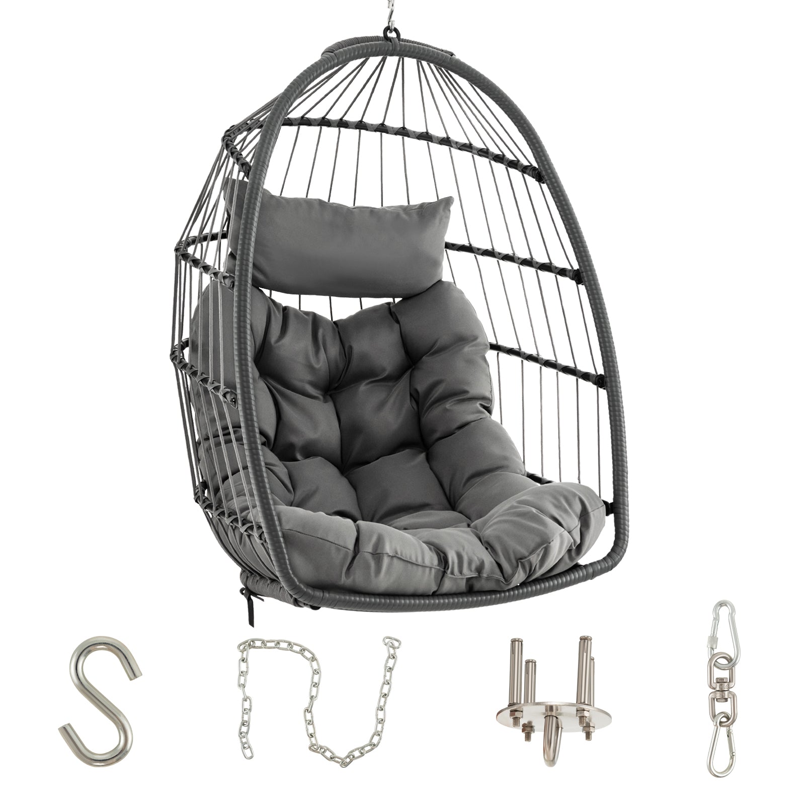 Hanging Egg Chair with Head Pillow and Large Seat Cushion-Gray