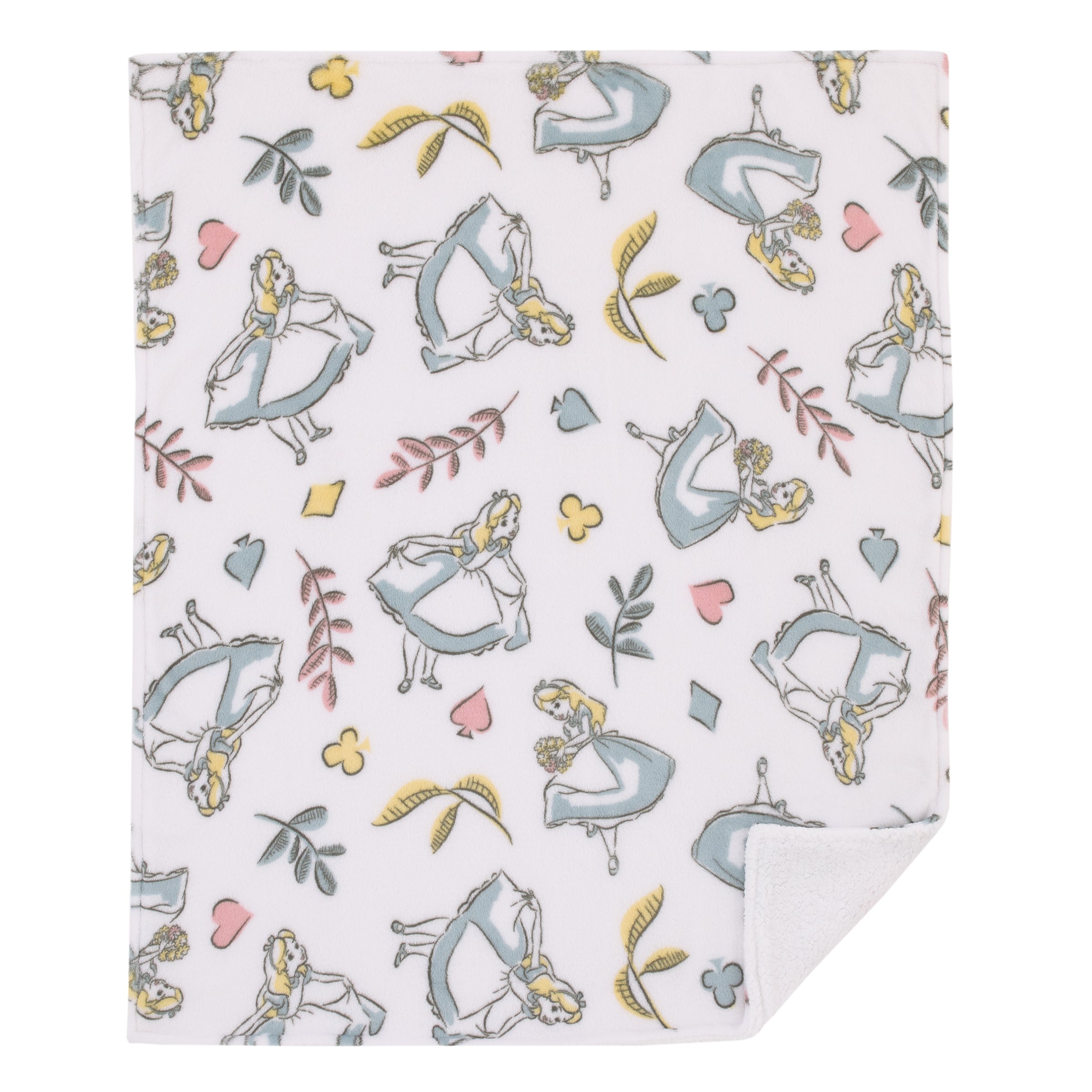 Disney Alice in Wonderland Light Blue, Pink, Yellow, and White Super Soft Plush Sherpa Baby Blanket
