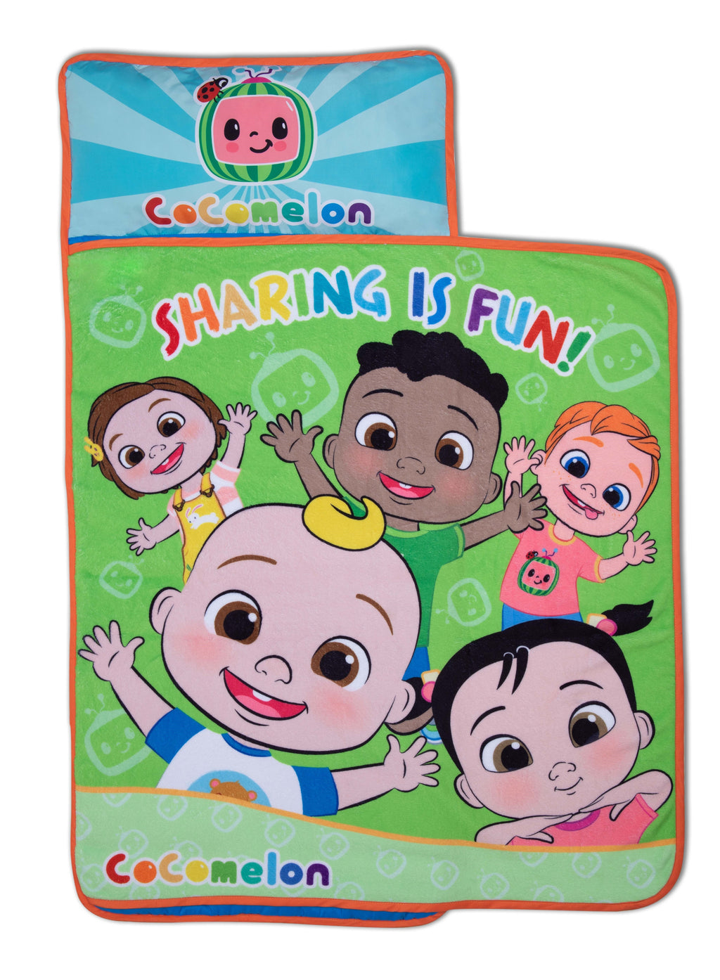 NoJo CoComelon Plush Toddler Nap Mat - Includes Attached Pillow and Fleece Blanket, Green, and Blue