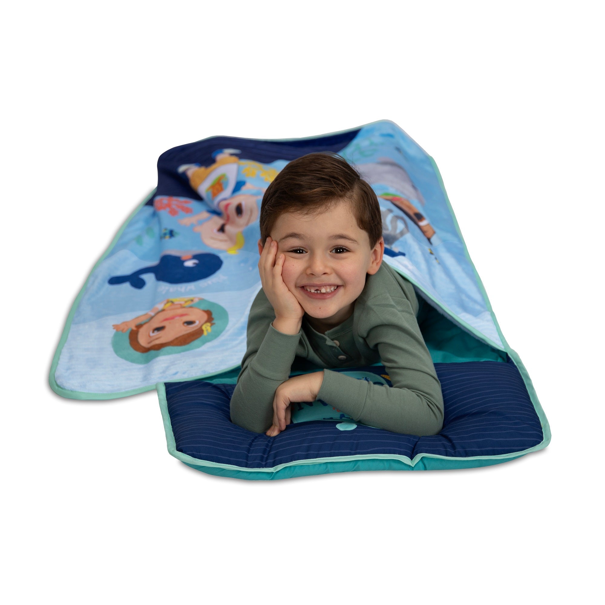 NoJo CoComelon "Love The Ocean" Toddler Nap Mat - Includes Attached Pillow and Fleece Blanket, Light Blue, and Navy