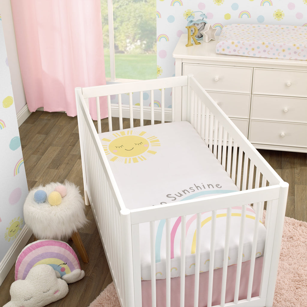 Happy Days Pink, Yellow, Blue and White, Rainbows and Hello Sunshine 100% Cotton Photo Op Nursery Fitted Crib Sheet