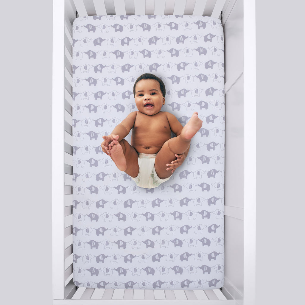 Elephant Stroll White and Gray Fitted Crib Sheet