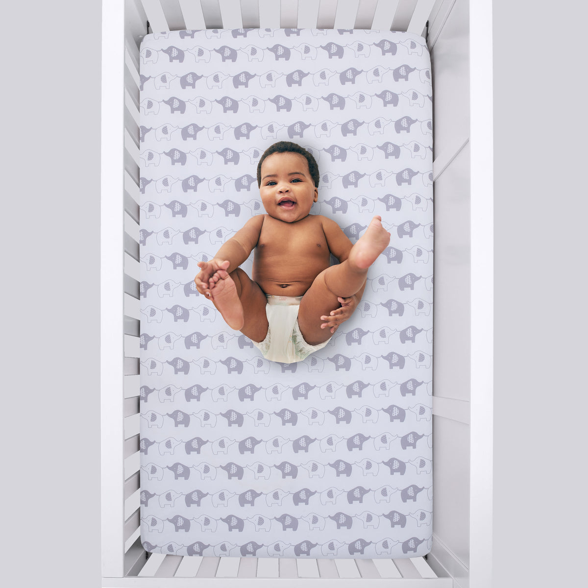 Elephant Stroll White and Gray Fitted Crib Sheet