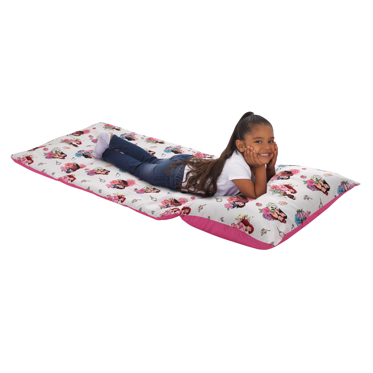 Princesses Courage and Kindness Pink, Blue, and White Ariel, Tiana, Moana, Jasmine, Cinderella, Mulan, Belle, and Snow White Deluxe Easy Fold Toddler Nap Mat