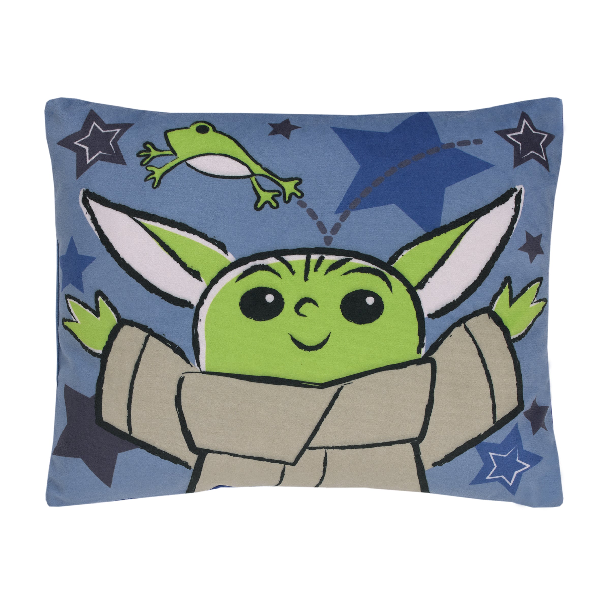 The Child Cutest in the Galaxy Blue, Green and Gray, Grogu, Sorgan Frog and Stars Super Soft Decorative Toddler Pillow