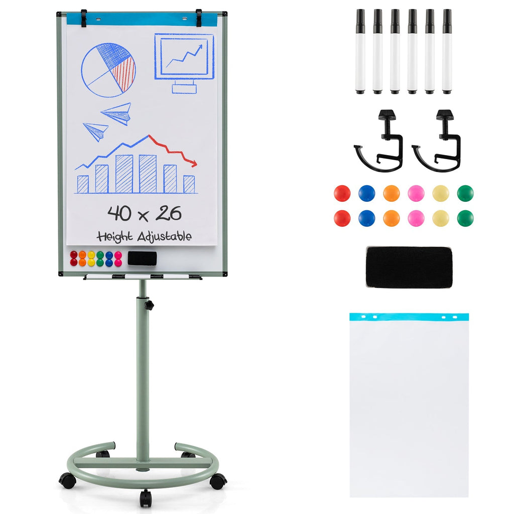 Height-Adjustable Mobile Whiteboard with Round Stand Paper Clips