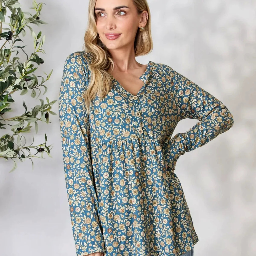 Floral Print Long Sleeve Top with Notched Neckline