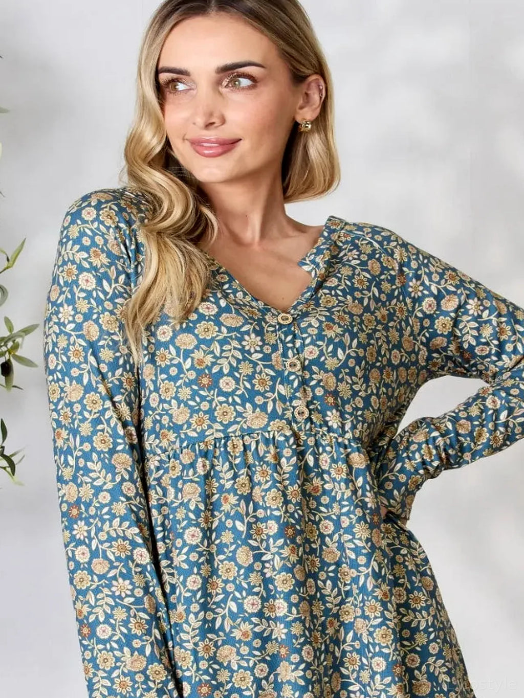 Floral Print Long Sleeve Top with Notched Neckline