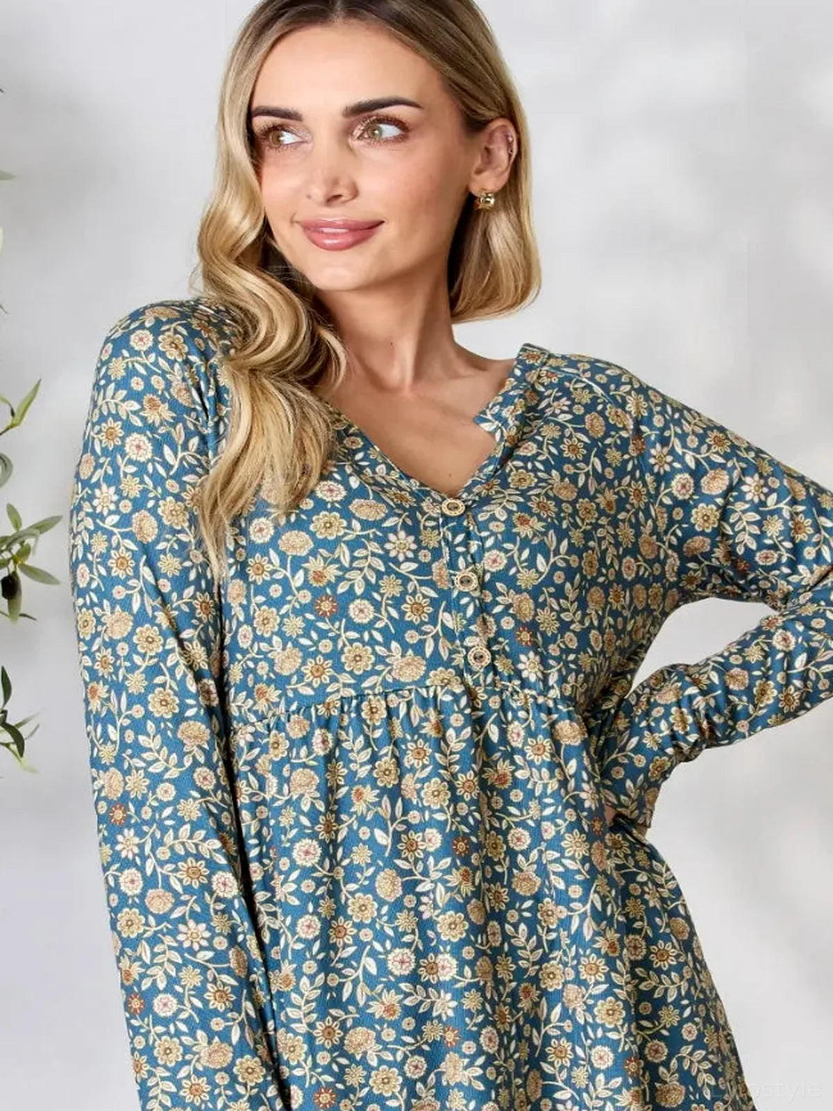Floral Print Long Sleeve Top with Notched Neckline