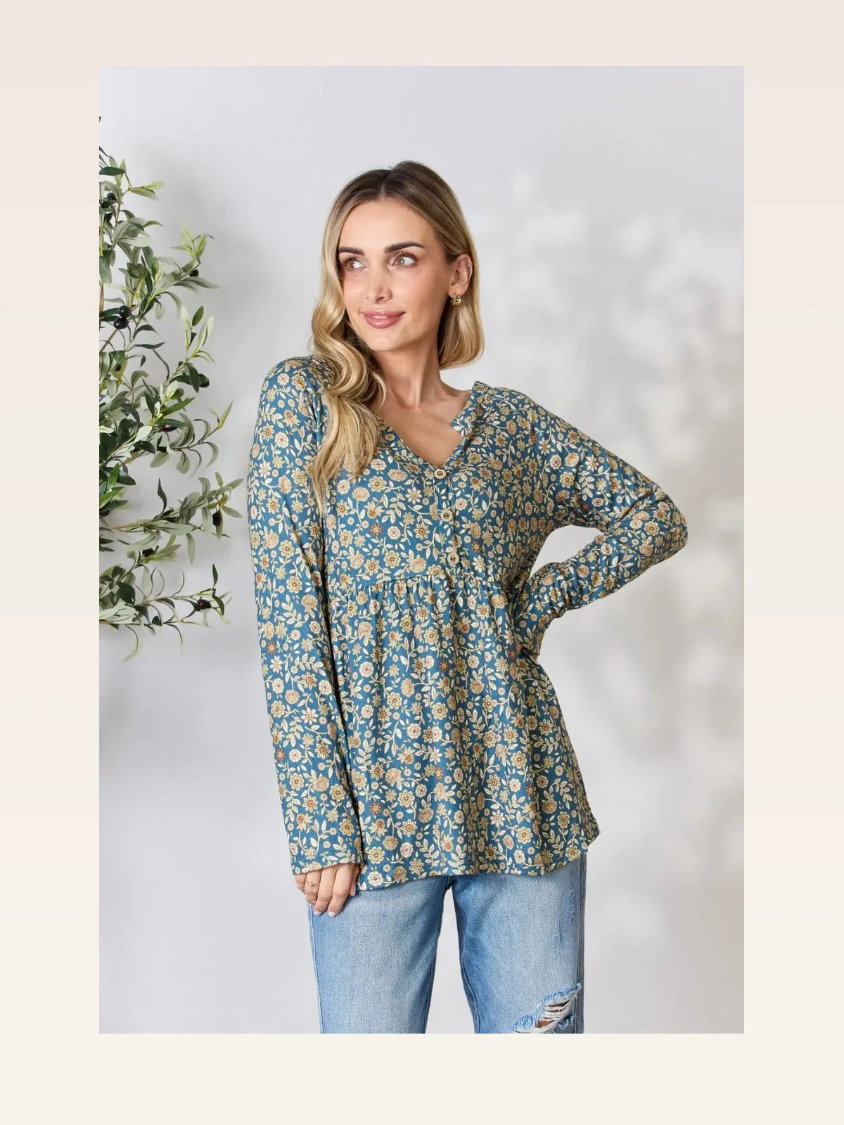 Floral Print Long Sleeve Top with Notched Neckline