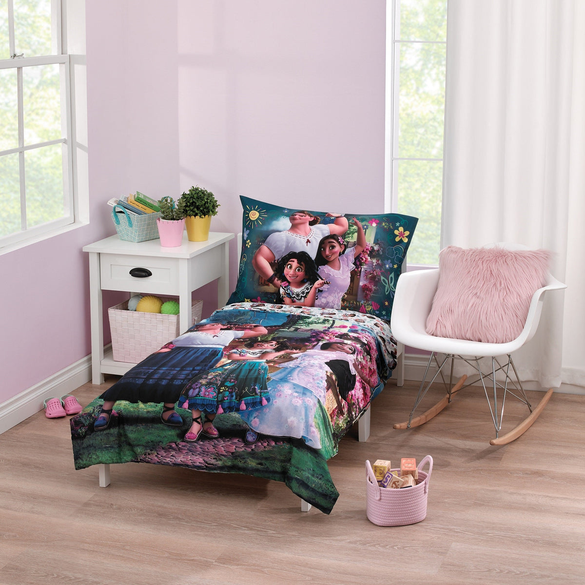 Encanto Power Trio Purple and Teal 4 Piece Toddler Bed Set - Comforter, Fitted Bottom Sheet, Flat Top Sheet, and Reversible Pillowcase