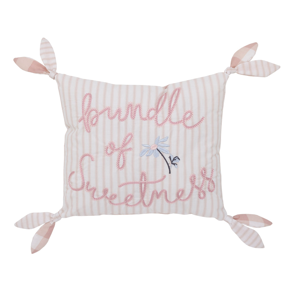Farmhouse Chic Pink and White Stripe "Bundle of Sweetness" Decorative Throw Pillow with Knotted Ties