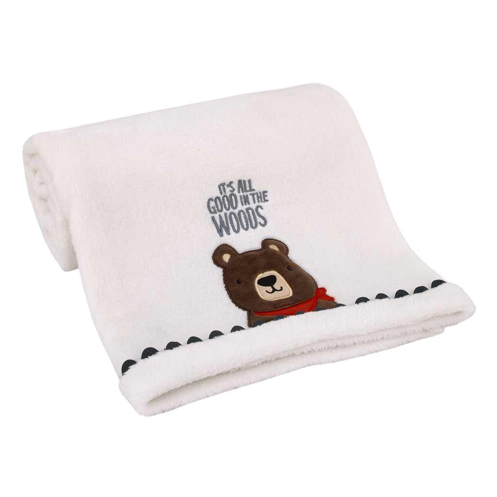 Into the Wilderness White, Navy, and Brown Bear 'It's All Good in the Woods' Super Soft Applique Baby Blanket with Trim