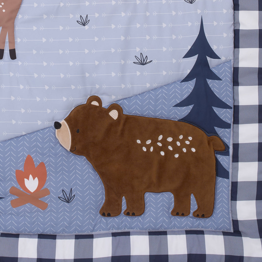 National Park Navy Buffalo Check, Gray, Blue, and Brown Camping Bear, Deer, and Fox 3 Piece Nursery Crib Bedding Set - Comforter, Fitted Crib Sheet, and Crib Skirt