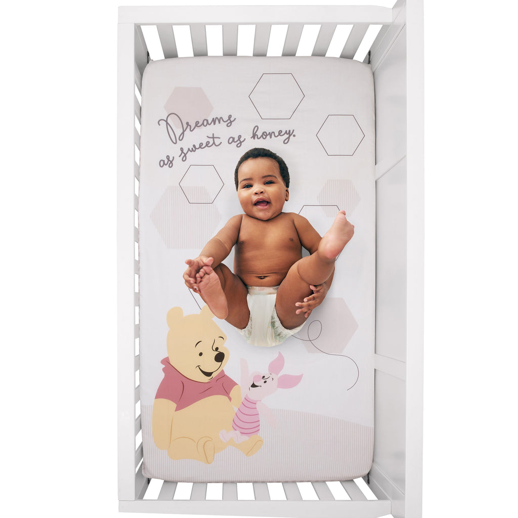 Winnie the Pooh Hugs and Honeycombs Grey and White "Dreams as Sweet as Honey" with Hexagons and Piglet 100% Cotton Photo Op Fitted Crib Sheet