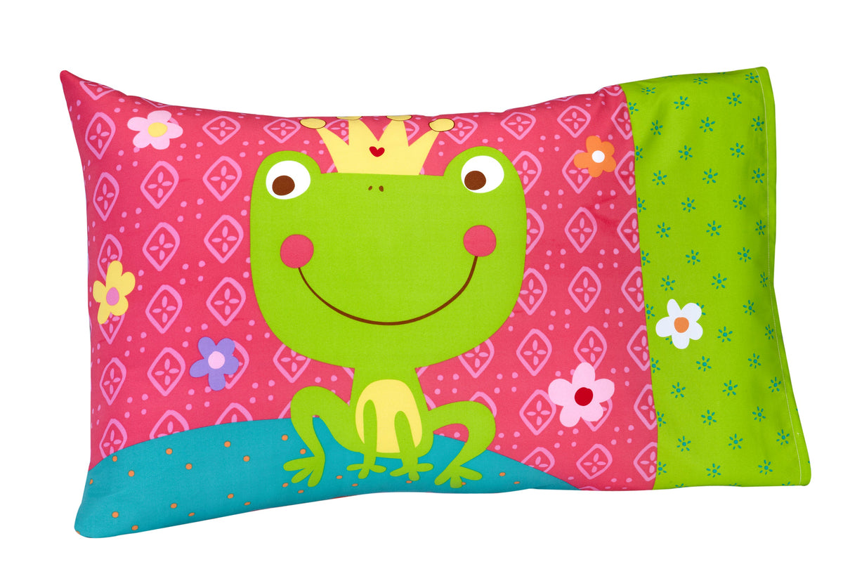 Everything Kids Fairytale Pink, Green and Teal, Castle, Frog, Flowers 4 Piece Toddler Bed Set - Comforter, Fitted Bottom Sheet, Flat Top Sheet, Reversible Pillowcase
