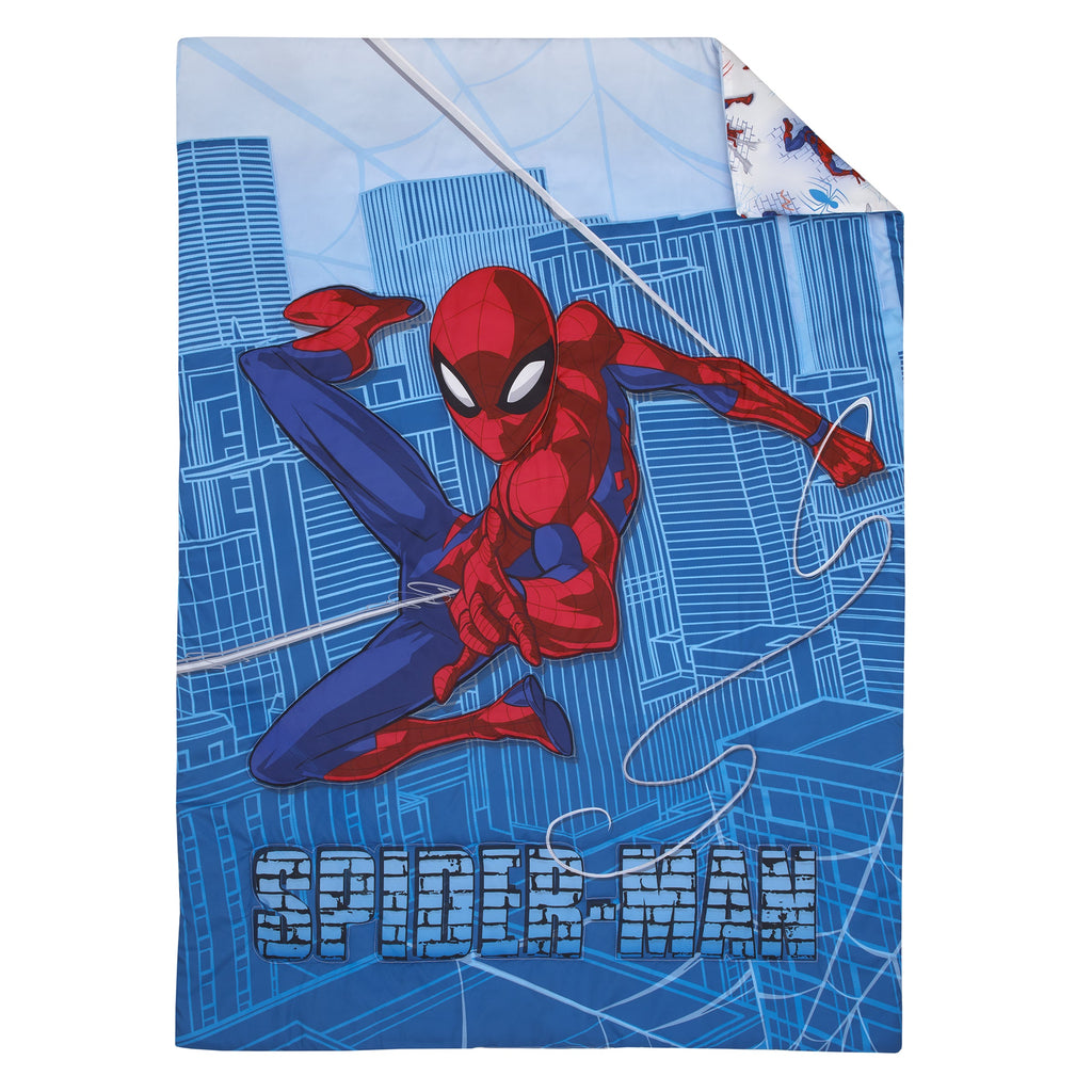 Marvel Spider-Man Wall Crawler Red, White, and Blue Spider Webs 4 Piece Toddler Bed Set - Comforter, Fitted Bottom Sheet, Flat Top Sheet, and Reversible Pillowcase
