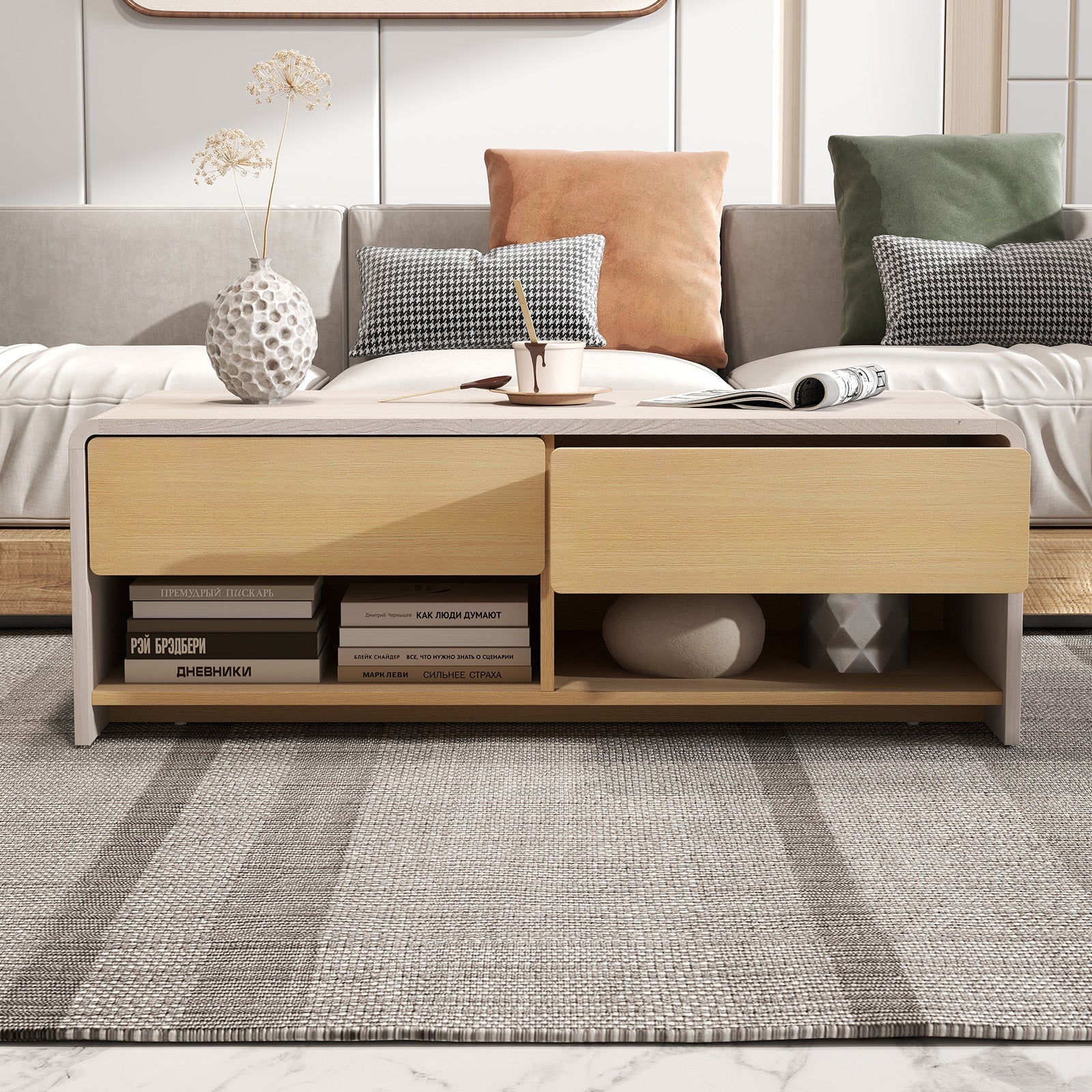 Home Coffee Table with 2 Drawers and 2 Storage Shelf-White & Natural