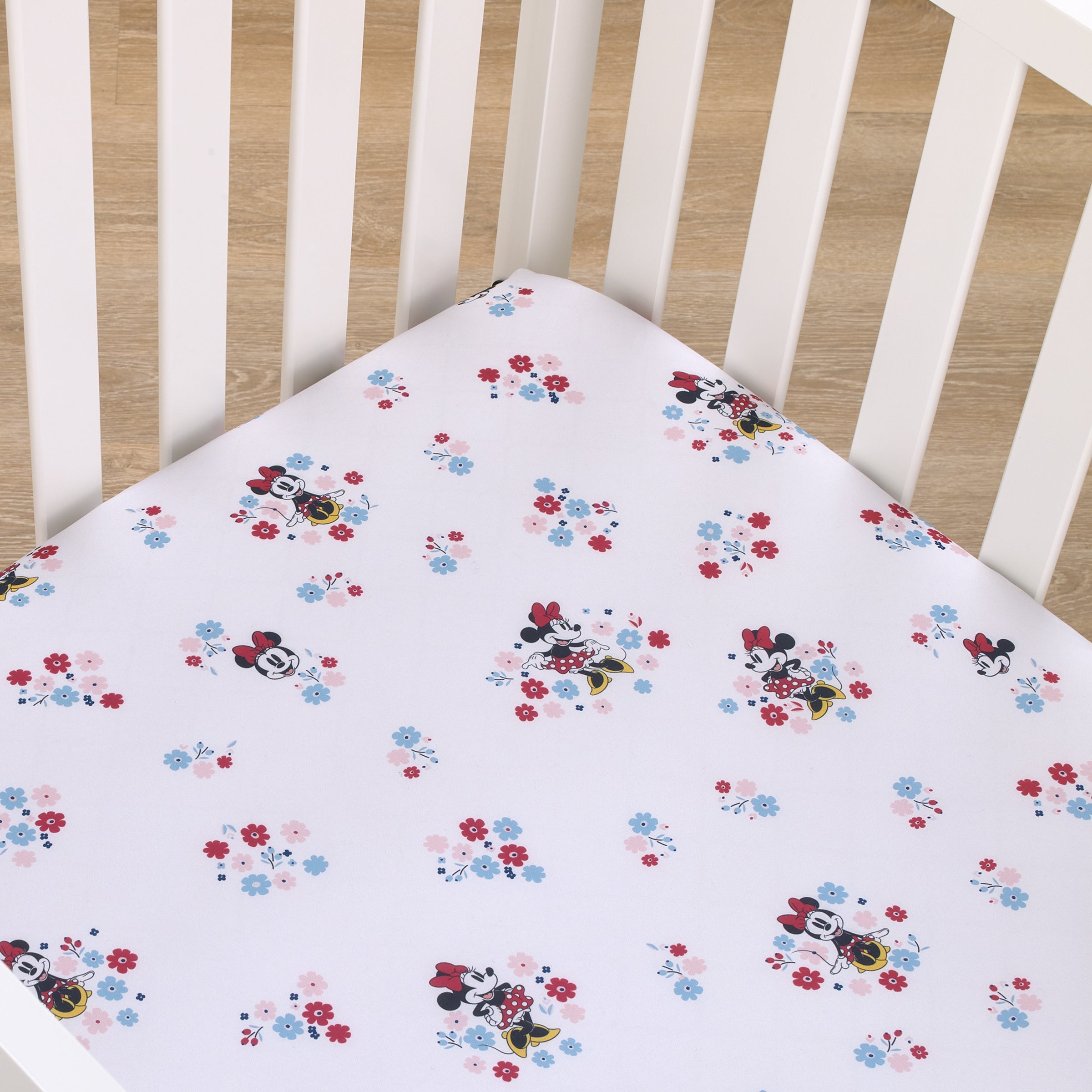 Disney Minnie Mouse - Pink, Blue and White Small Town Floral Nursery Fitted Crib Sheet