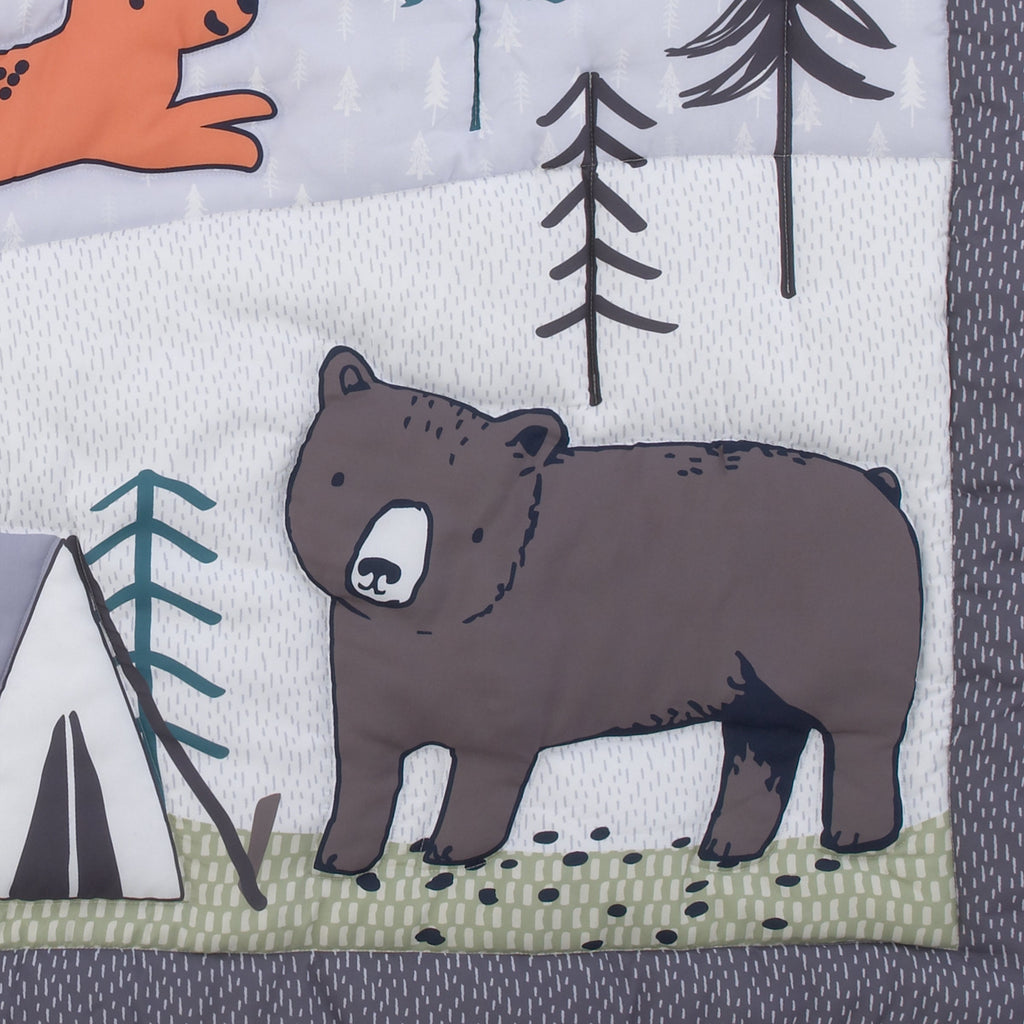 Woodland Friends Gray Multi Colored Bear and Fox, Squirrel, Tree, Tent, and Campfire 3 Piece Nursery Crib Bedding Set - Comforter, Fitted Crib Sheet, and Crib Skirt
