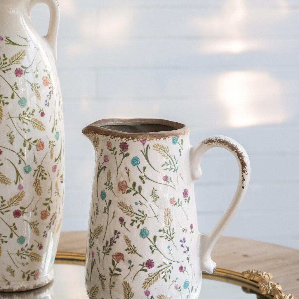Ceramic Pitcher Vase with Floral Motif and Textured Rim