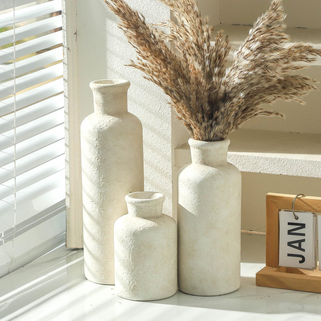 Whitewashed Neutral Ceramic Decorative Flower Vases Set