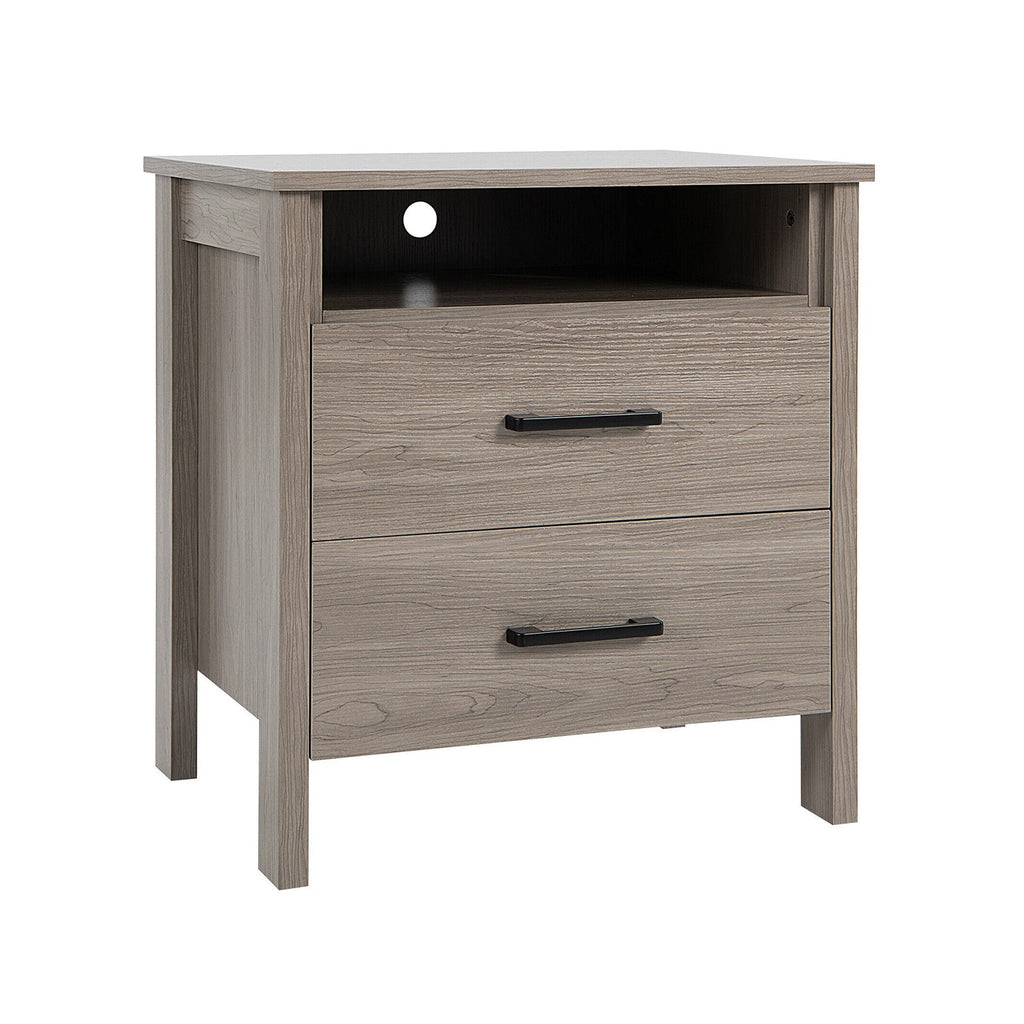 Modern Wood Grain Nightstand with Cable Hole and Open Compartment