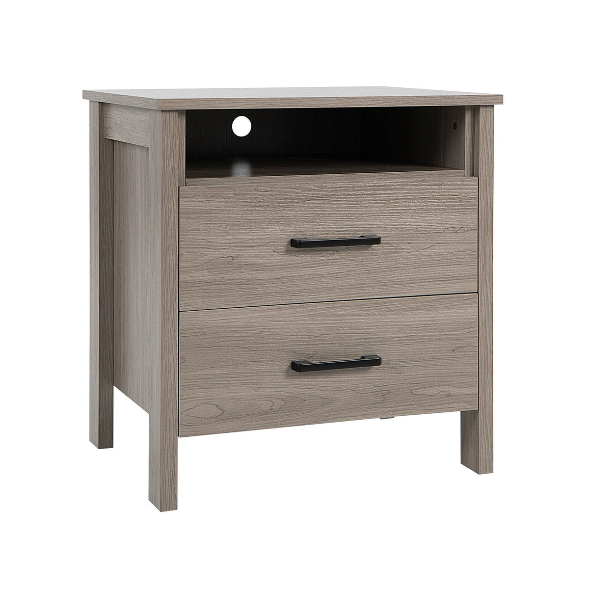 Modern Wood Grain Nightstand with Cable Hole and Open Compartment