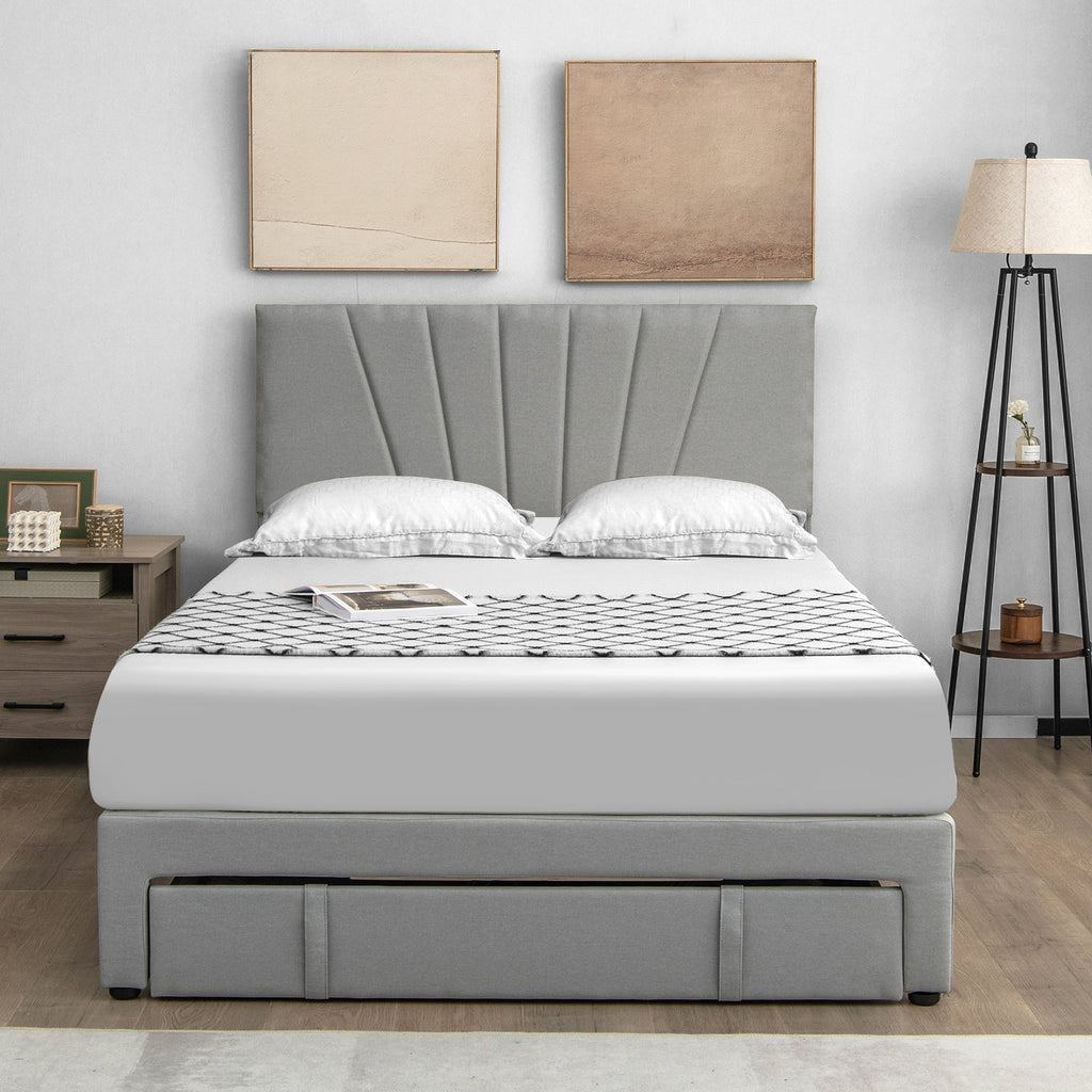 Full/Queen Size Upholstered Bed Frame with Drawer and Adjustable Headboard